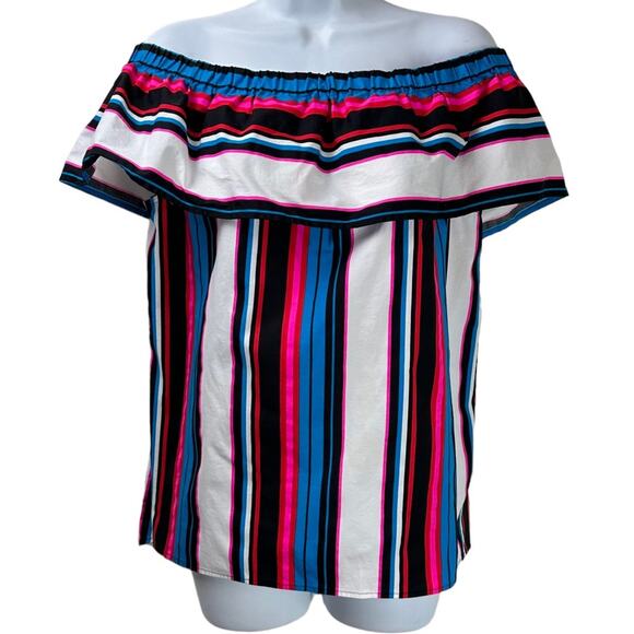Vince Camuto Ruffle Off Shoulder Striped Top Size Small Pink Blue White Black - Picture 1 of 5